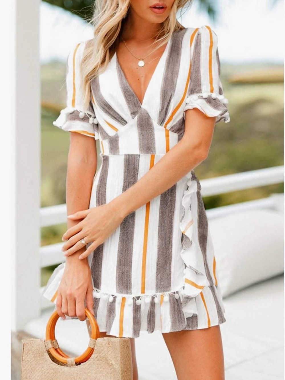 SIMPLEE Striped Wrap Mini Dress in White, Gray & Mustard